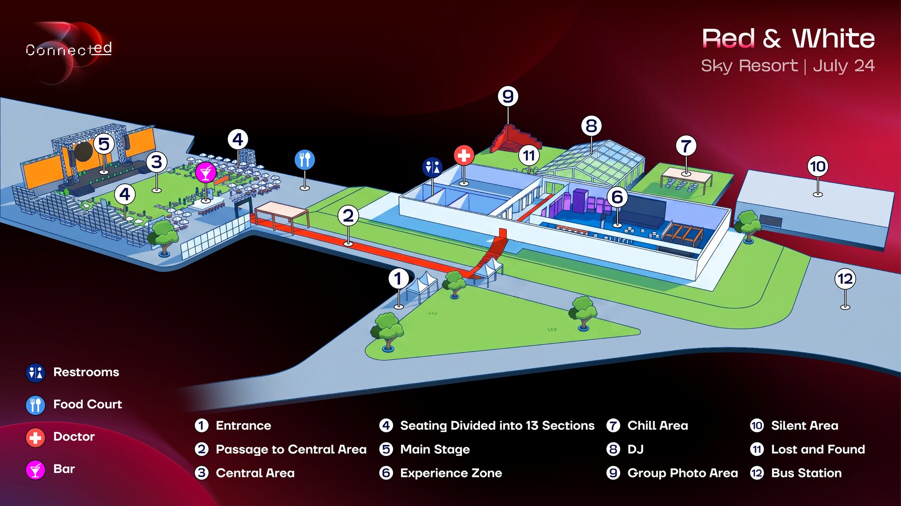 Sky Resort venue map — entrance, stage, seating, bars and amenities